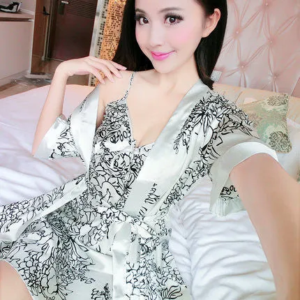 2016 Spring Summer Autumn Women Silk Nightdress  Set of Robe & Nightgown Lady Sexy  Dress Female Twinset of Sleepwear