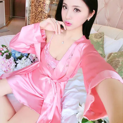 2016 Spring Summer Autumn Women Silk Nightdress  Set of Robe & Nightgown Lady Sexy  Dress Female Twinset of Sleepwear