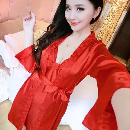 2016 Spring Summer Autumn Women Silk Nightdress  Set of Robe & Nightgown Lady Sexy  Dress Female Twinset of Sleepwear