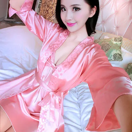 2016 Spring Summer Autumn Women Silk Nightdress  Set of Robe & Nightgown Lady Sexy  Dress Female Twinset of Sleepwear