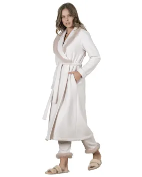 21600C Ivory Plush Wrap Robe with Feather Accent