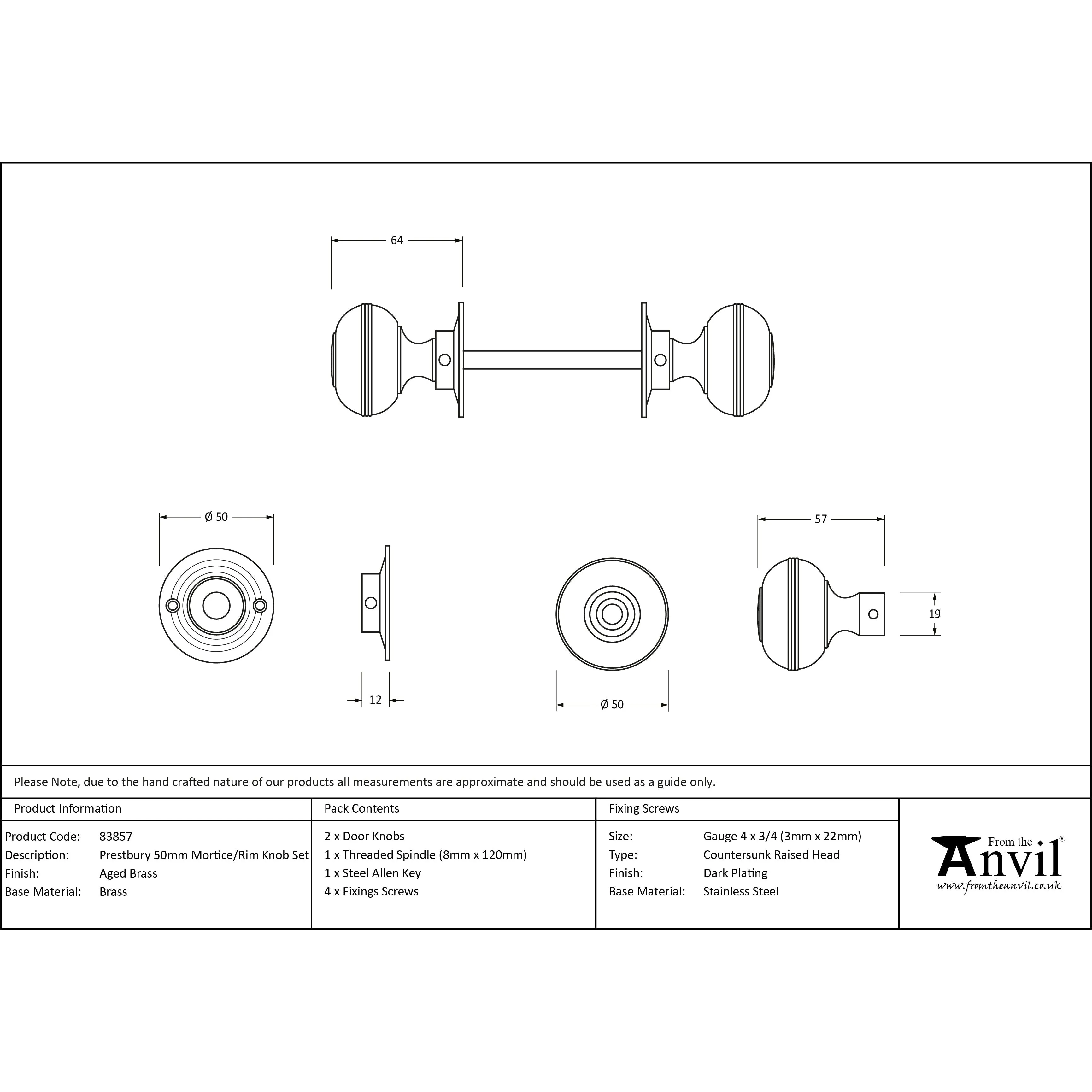 Aged Brass 50mm Prestbury Mortice/Rim Knob Set | From The Anvil