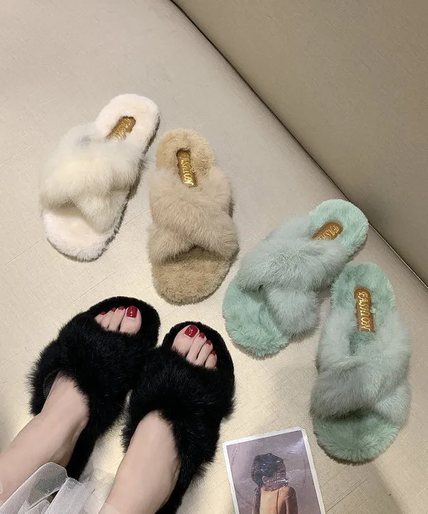 Beautiful Splicing Slippers Shoes Light Green Fuzzy Fur OM020