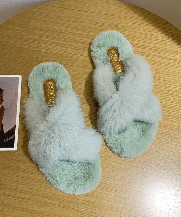 Beautiful Splicing Slippers Shoes Light Green Fuzzy Fur OM020