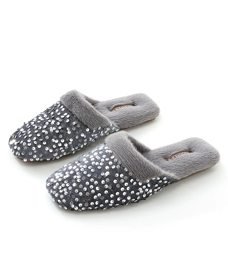 Black Cotton Fabric Slippers Shoes Sequins Fuzzy Wool Lined RX016