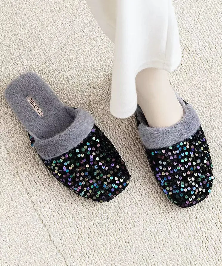 Black Cotton Fabric Slippers Shoes Sequins Fuzzy Wool Lined RX016