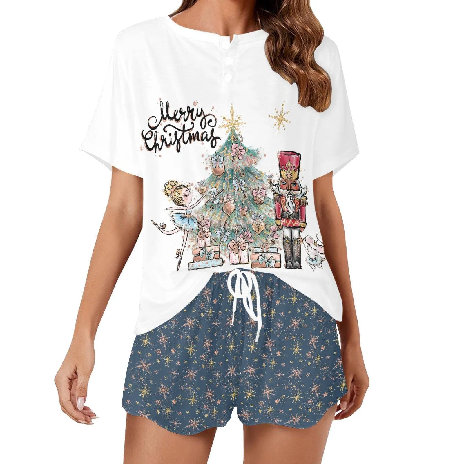 Blue Christmas Nutcracker Stars Matching Shirt and Short Sets