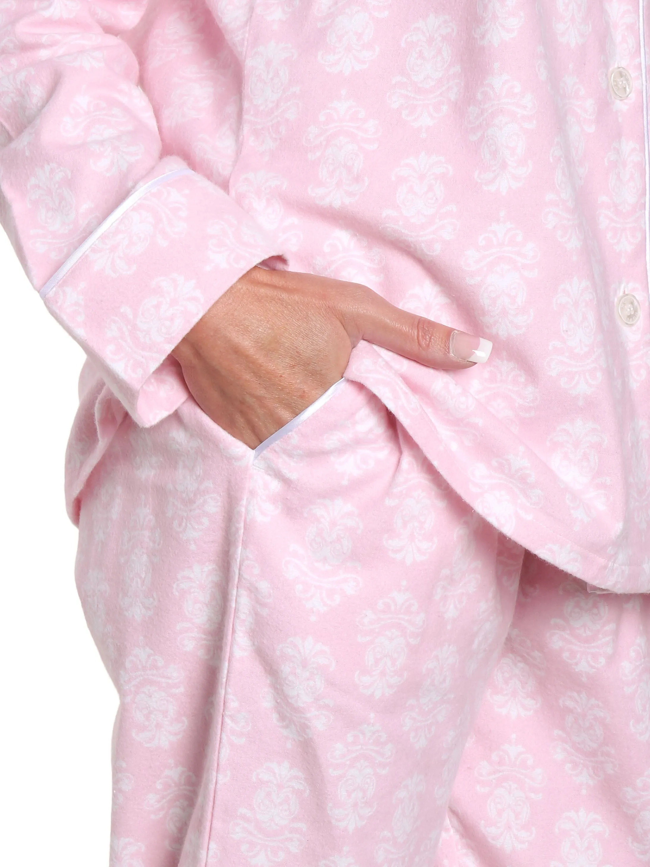 Box Packaged Women's Premium 100% Cotton Flannel Pajama Sleepwear Set - Brocade Pink-White