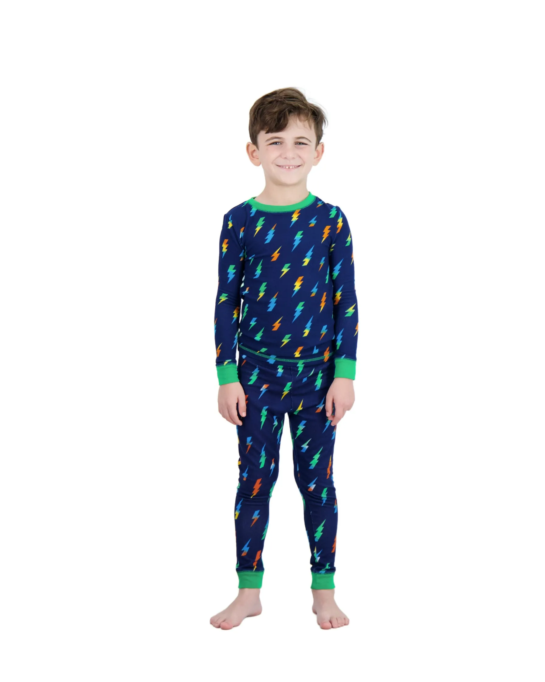 Boys 2-Piece Super Soft Jersey Snug-Fit Pajama Set- Bolts, Navy & Green Pajama Set for Boys