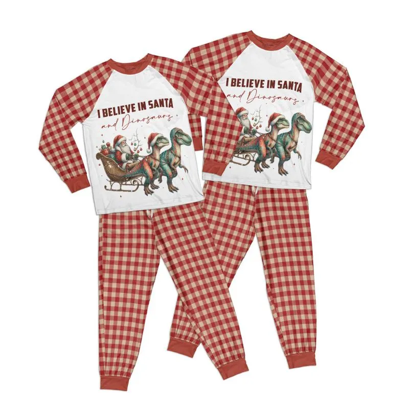 Christmas I Believe in Santa and Dinosaurs Adult Pajamas Set Matching