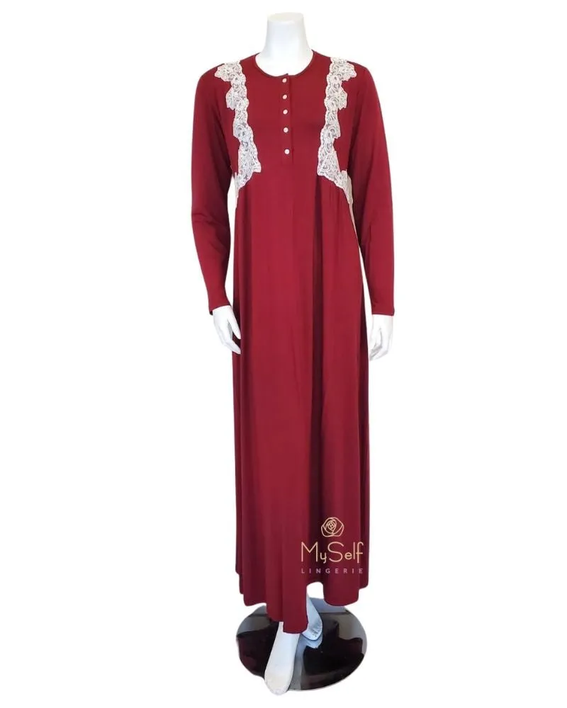 Clara Rossi Burgundy Button Down Lace Trim Modal Nightgown