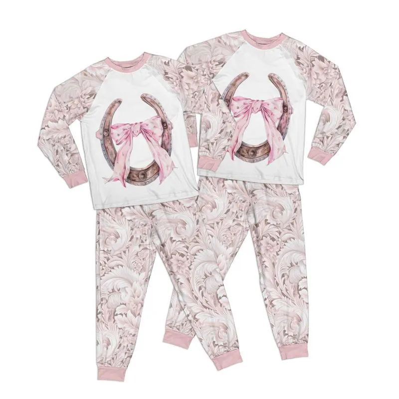 Country and Western Horseshoe Pink Damask Adult Pajamas Set