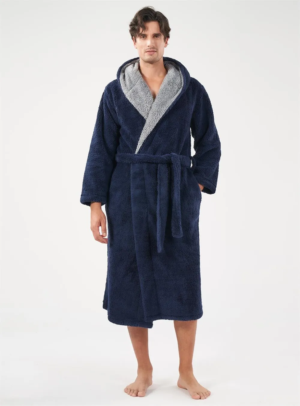 Flannel Soft Plush Long Bathrobe with Hooded