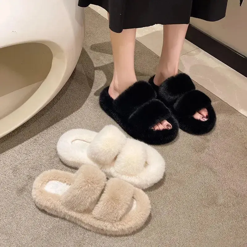 Fluffy Faux Fur Slippers with 7cm Platform – Cozy Fuzzy Slippers for Winter