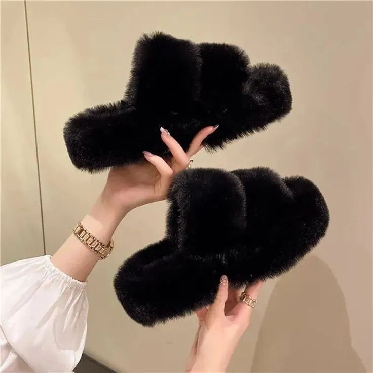 Fluffy Faux Fur Slippers with 7cm Platform – Cozy Fuzzy Slippers for Winter