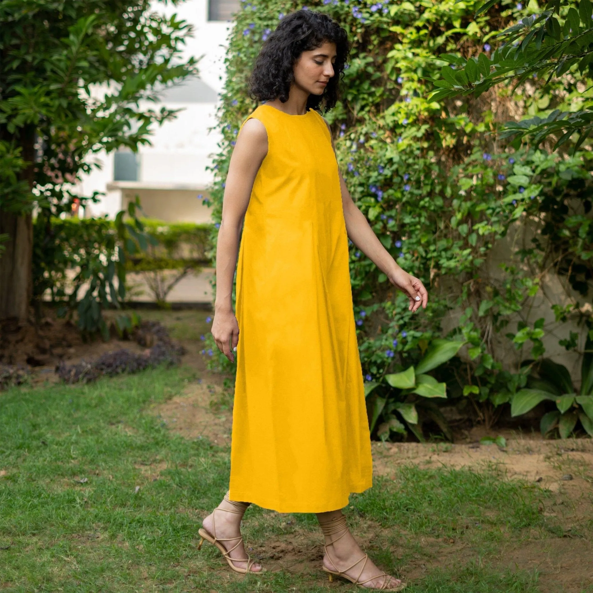 Golden Yellow Cotton Poplin Flared Midi Sleeveless Jumpsuit