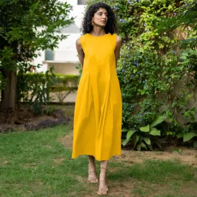 Golden Yellow Cotton Poplin Flared Midi Sleeveless Jumpsuit