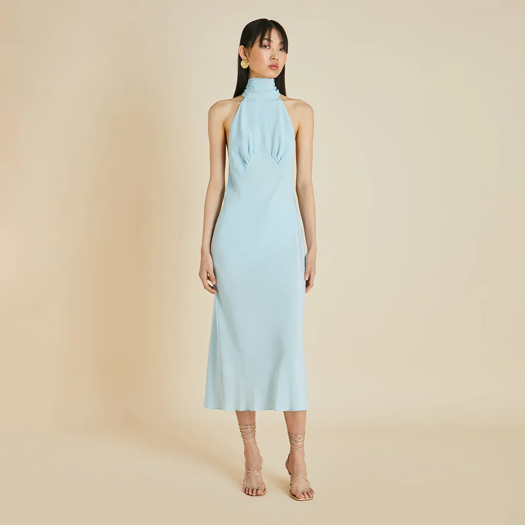 Greta Blue Halterneck Dress in Silk Crêpe de Chine