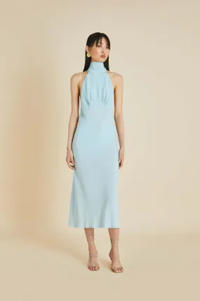 Greta Blue Halterneck Dress in Silk Crêpe de Chine