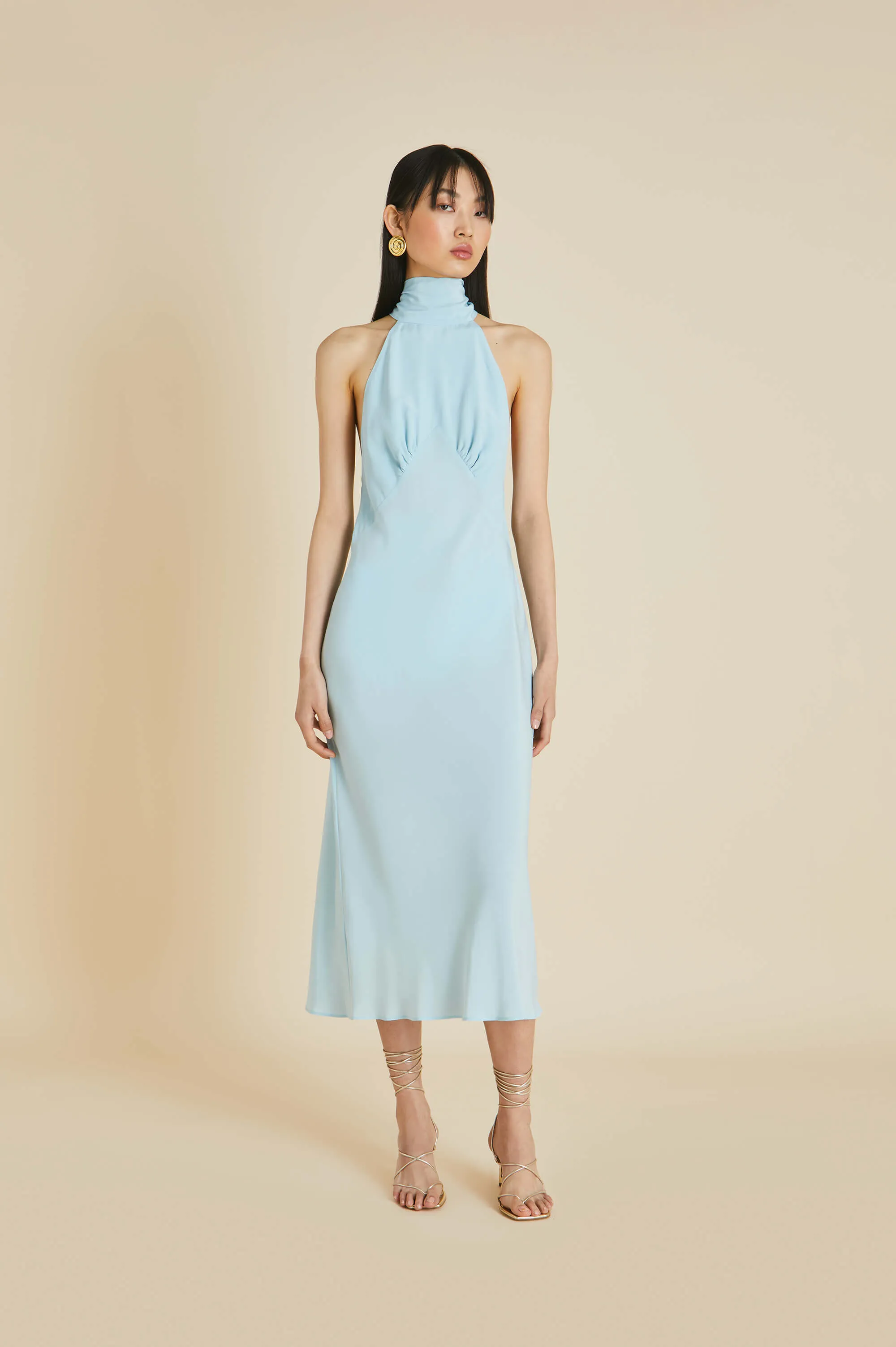 Greta Blue Halterneck Dress in Silk Crêpe de Chine