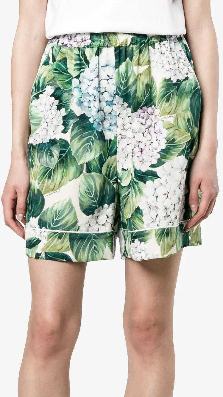 Hydrangea Print Silk Pajama Top & Short Set