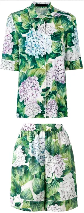 Hydrangea Print Silk Pajama Top & Short Set