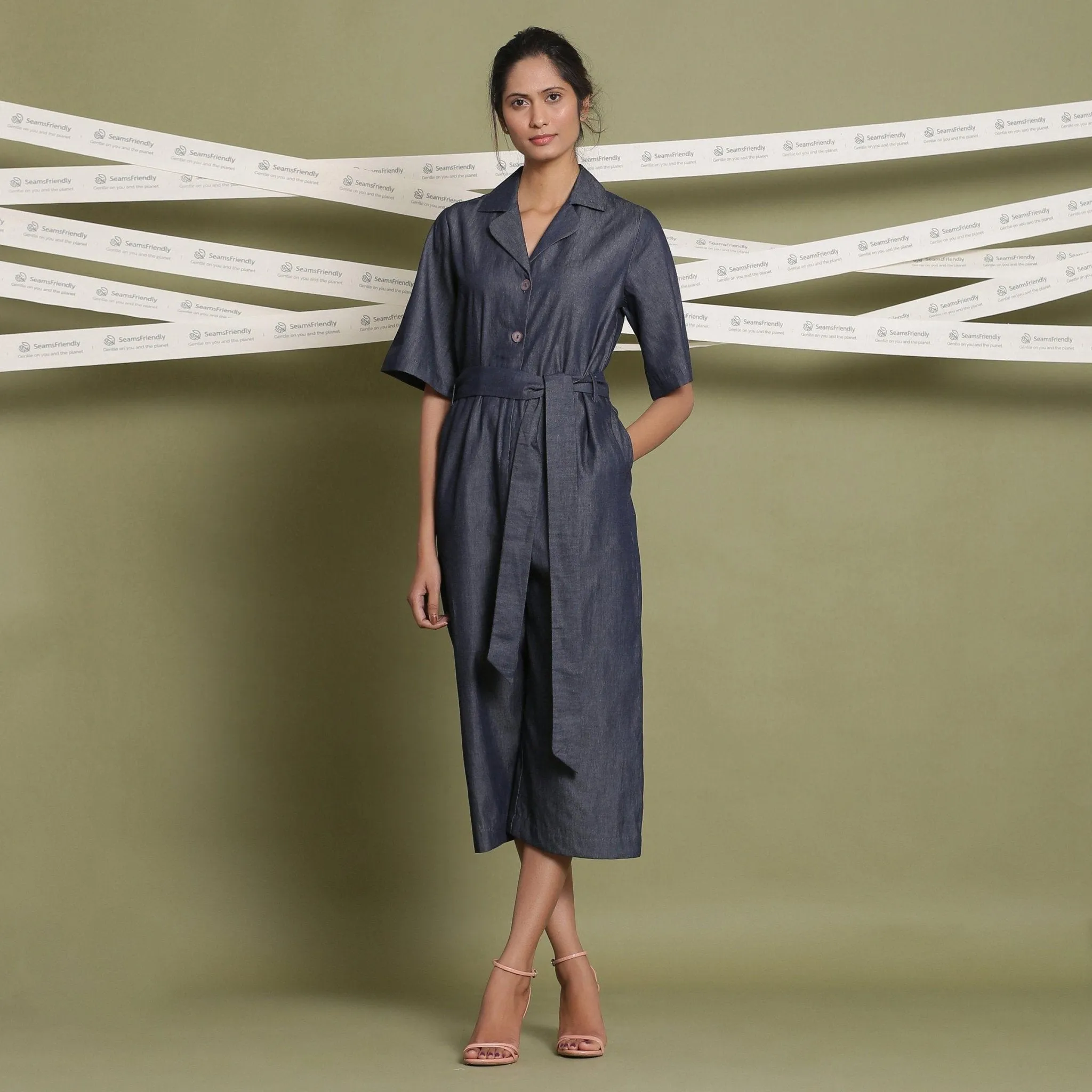 Indigo Cotton Denim Button-Down Midi Flared Jumpsuit