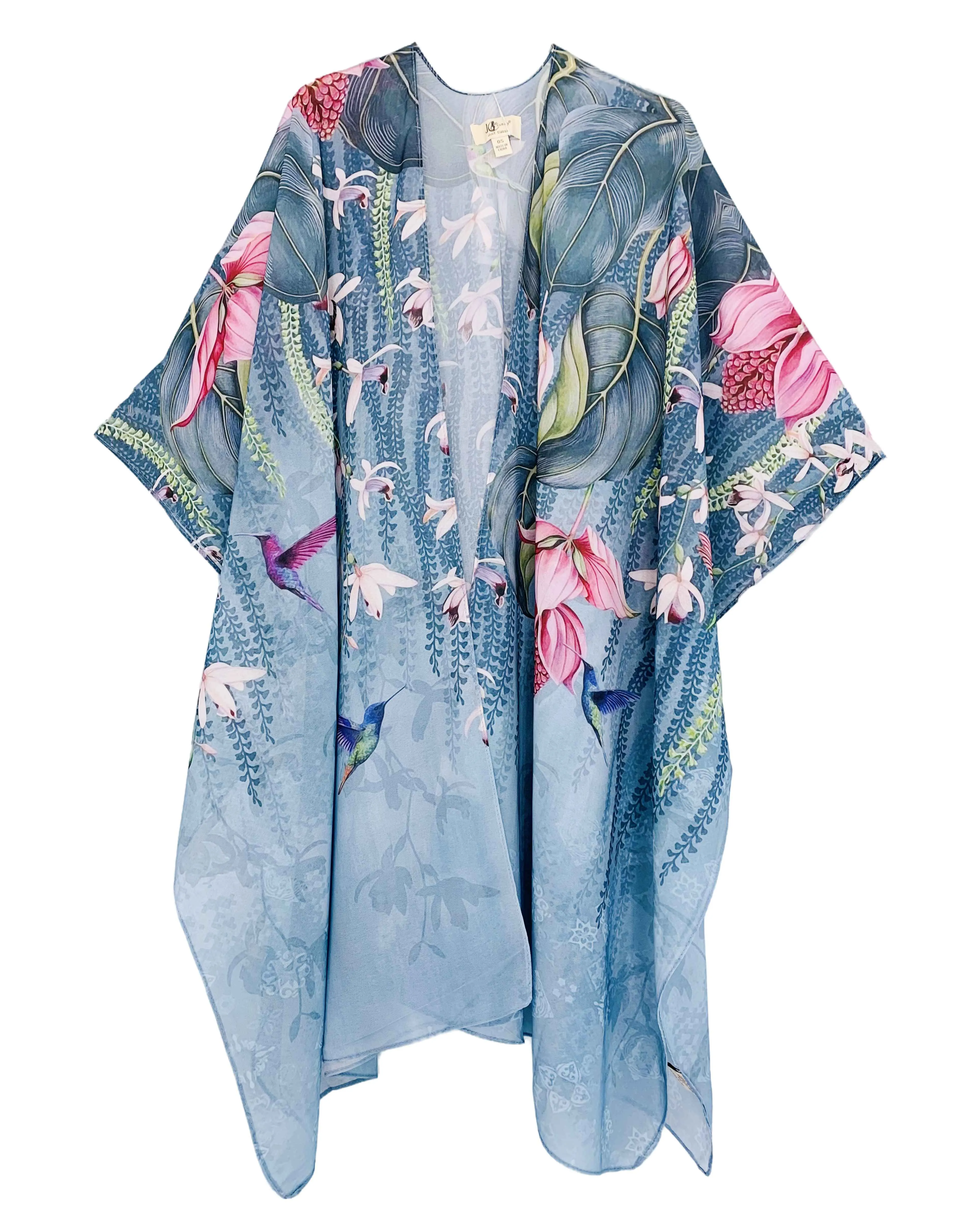 JC071075 Aqua-Multi Hummingbird Floral Kimono