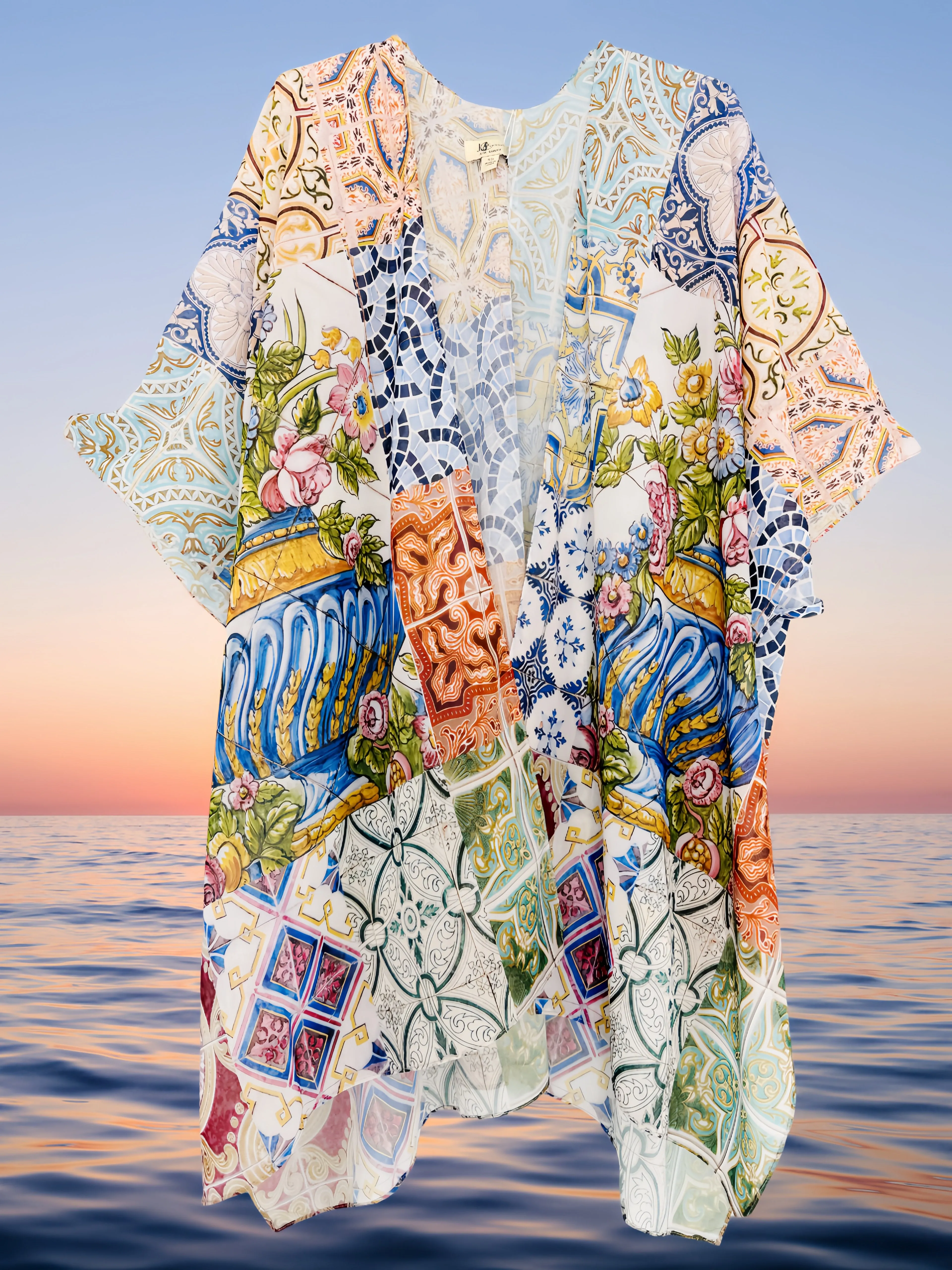 JC071090 Blue-Orange Boho Floral Artwork Kimono