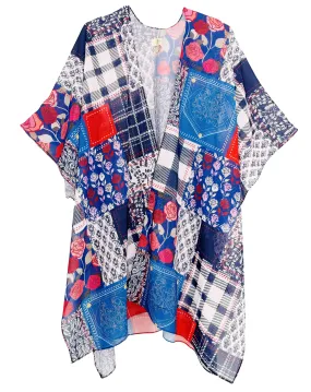 JC071218 Navy-Red Floral Plaid Patchwork Kimono