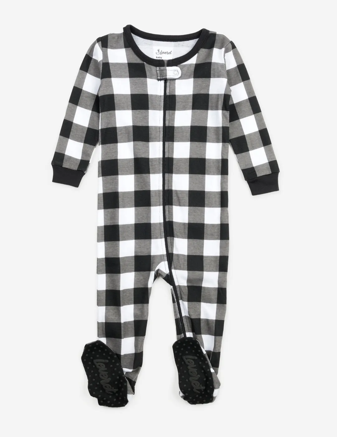 Kid's Footed Black & White Plaid Cotton Pajamas