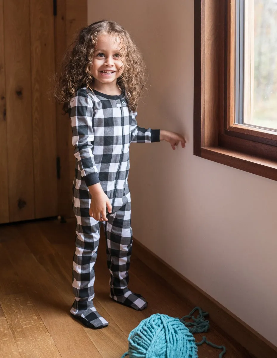 Kid's Footed Black & White Plaid Cotton Pajamas