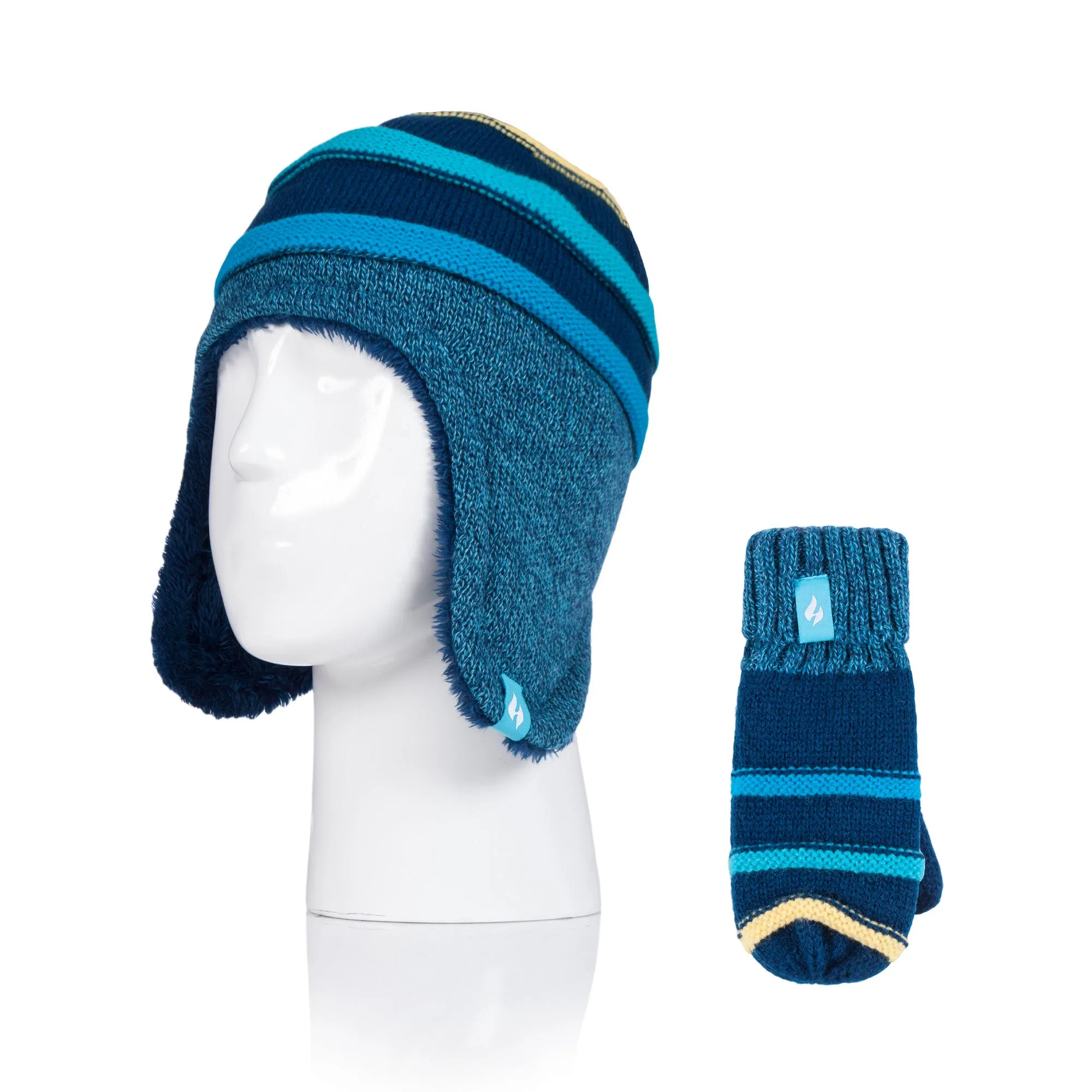 Kids Stripe Cosy Ears Hat & Mittens - Blue & Yellow