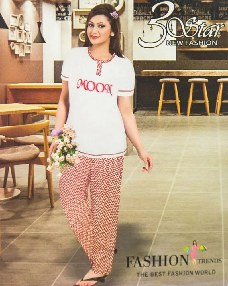 Ladies Nightdress & Pajama Sets with T-shirt by 3 Star - White & Red