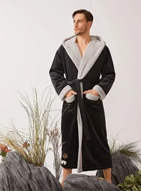 Men's Black Hooded Long Sleeve Plush Velvet Robe