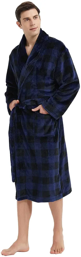 Men's Plush Navy Plaid Shawl Collar Long Sleeve Fleece Robe