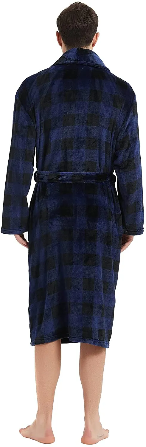 Men's Plush Navy Plaid Shawl Collar Long Sleeve Fleece Robe