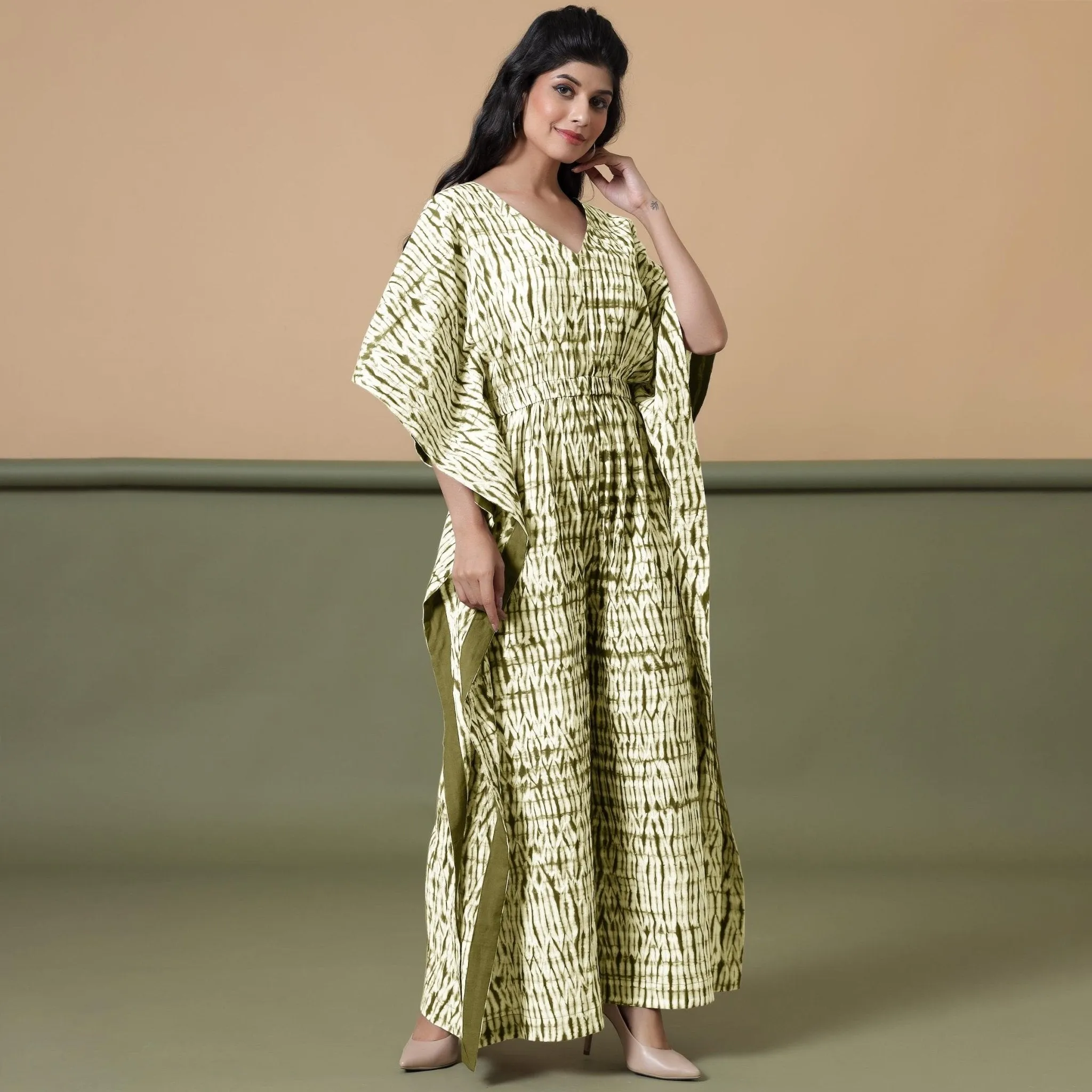 Moss Green Tie-Dye Kimono Sleeves Cotton Kaftan Jumpsuit