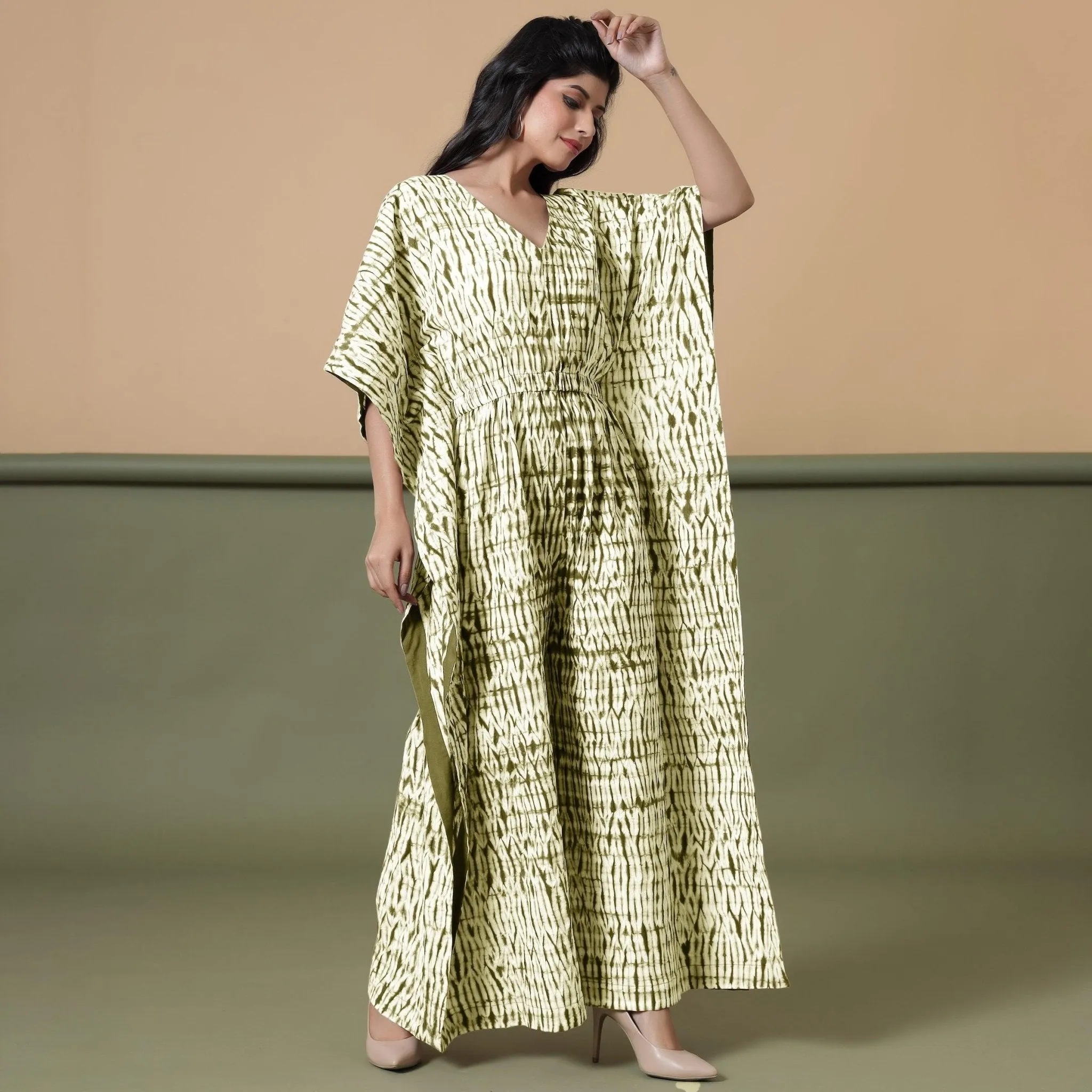 Moss Green Tie-Dye Kimono Sleeves Cotton Kaftan Jumpsuit