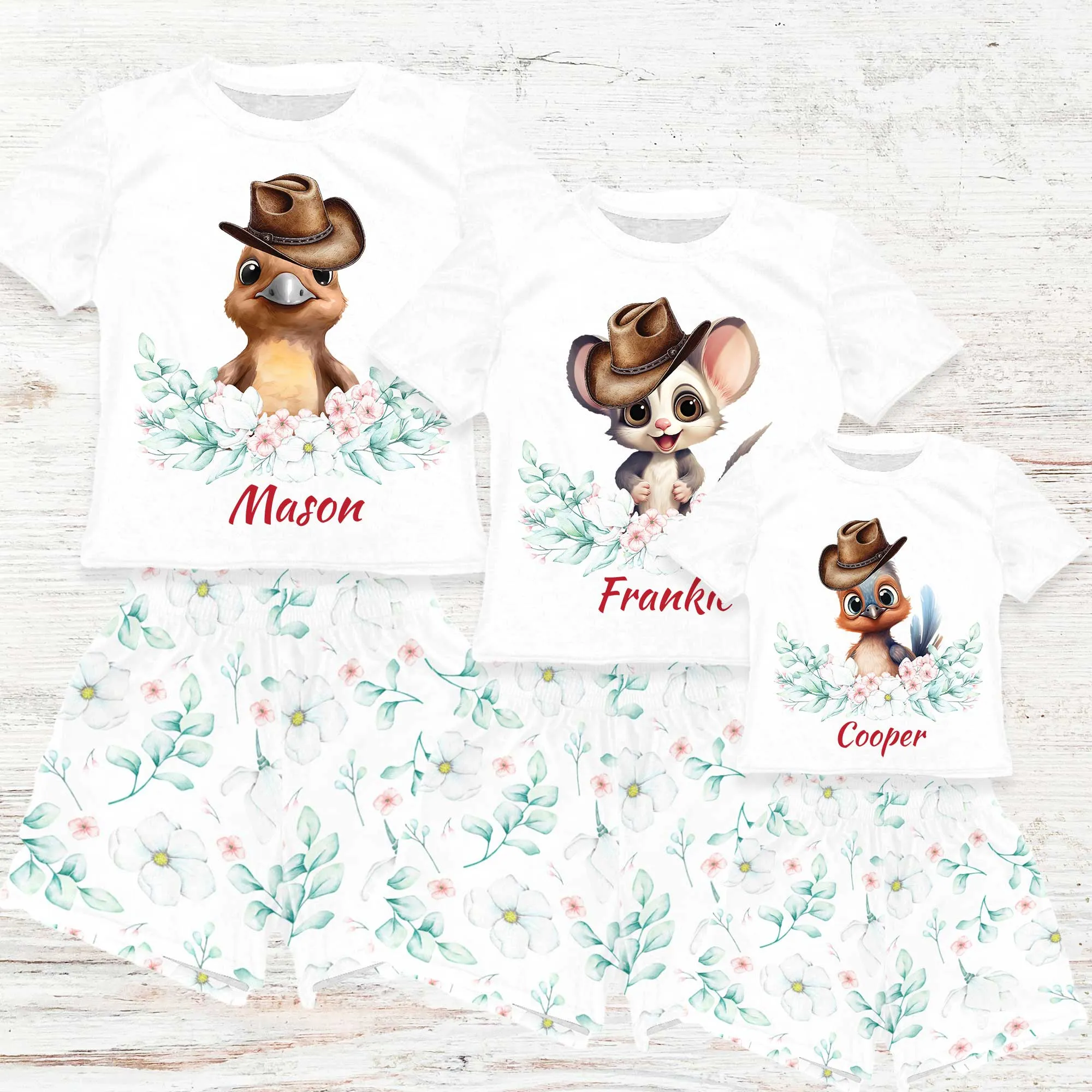 Personalised Australian Animals Country Christmas Matching Birthday Shirt and Short Sets