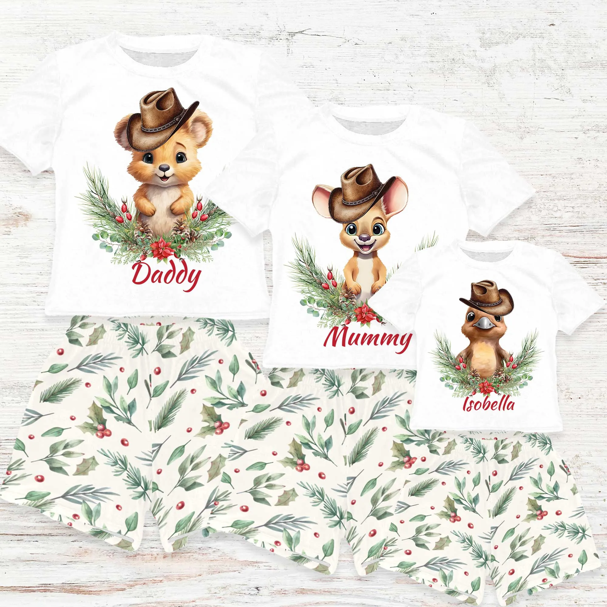 Personalised Australian Animals Country Christmas Matching Birthday Shirt and Short Sets