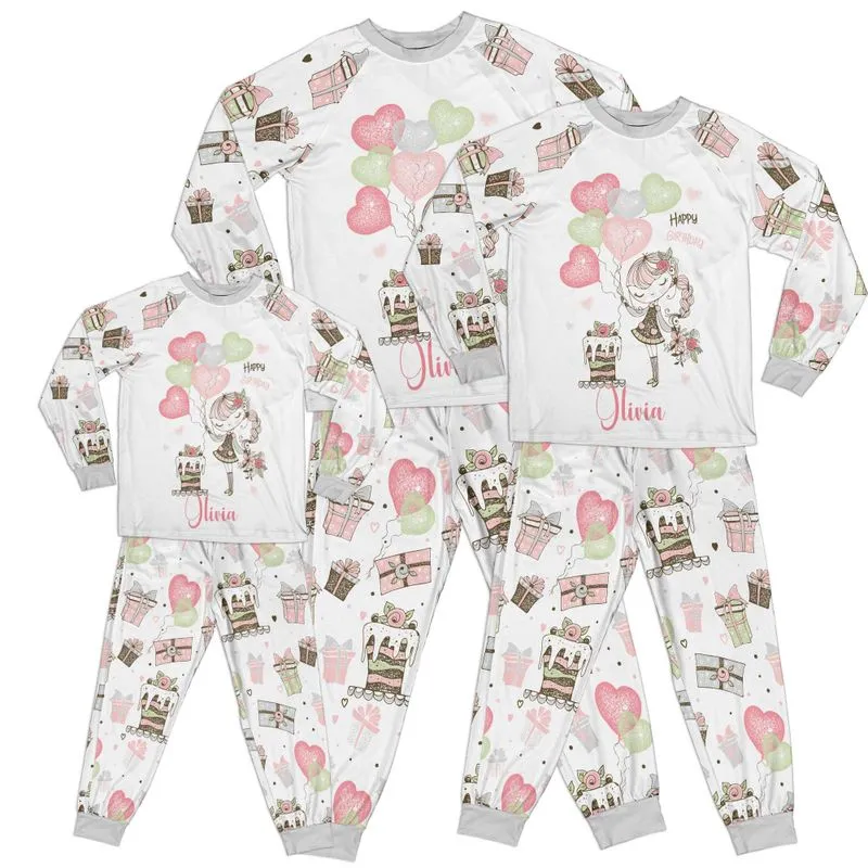 Personalised Whimsical Girl Happy Birthday Grey Kid Pajamas Set Matching