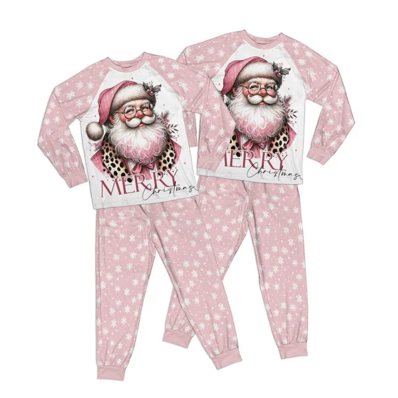 Pink Christmas Snowflakes Santa Adult Pajamas Set Matching