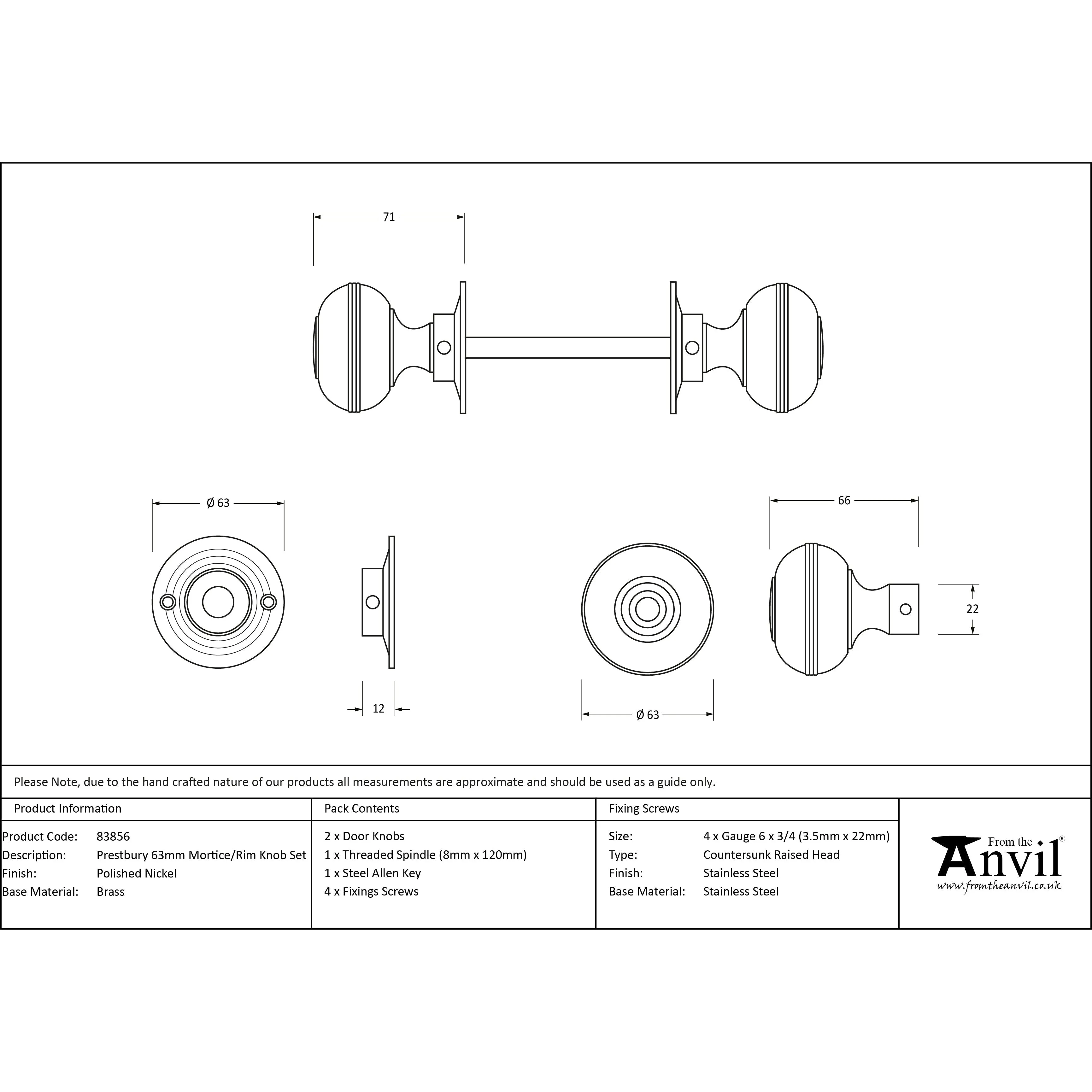 Polished Nickel 63mm Prestbury Mortice/Rim Knob Set | From The Anvil