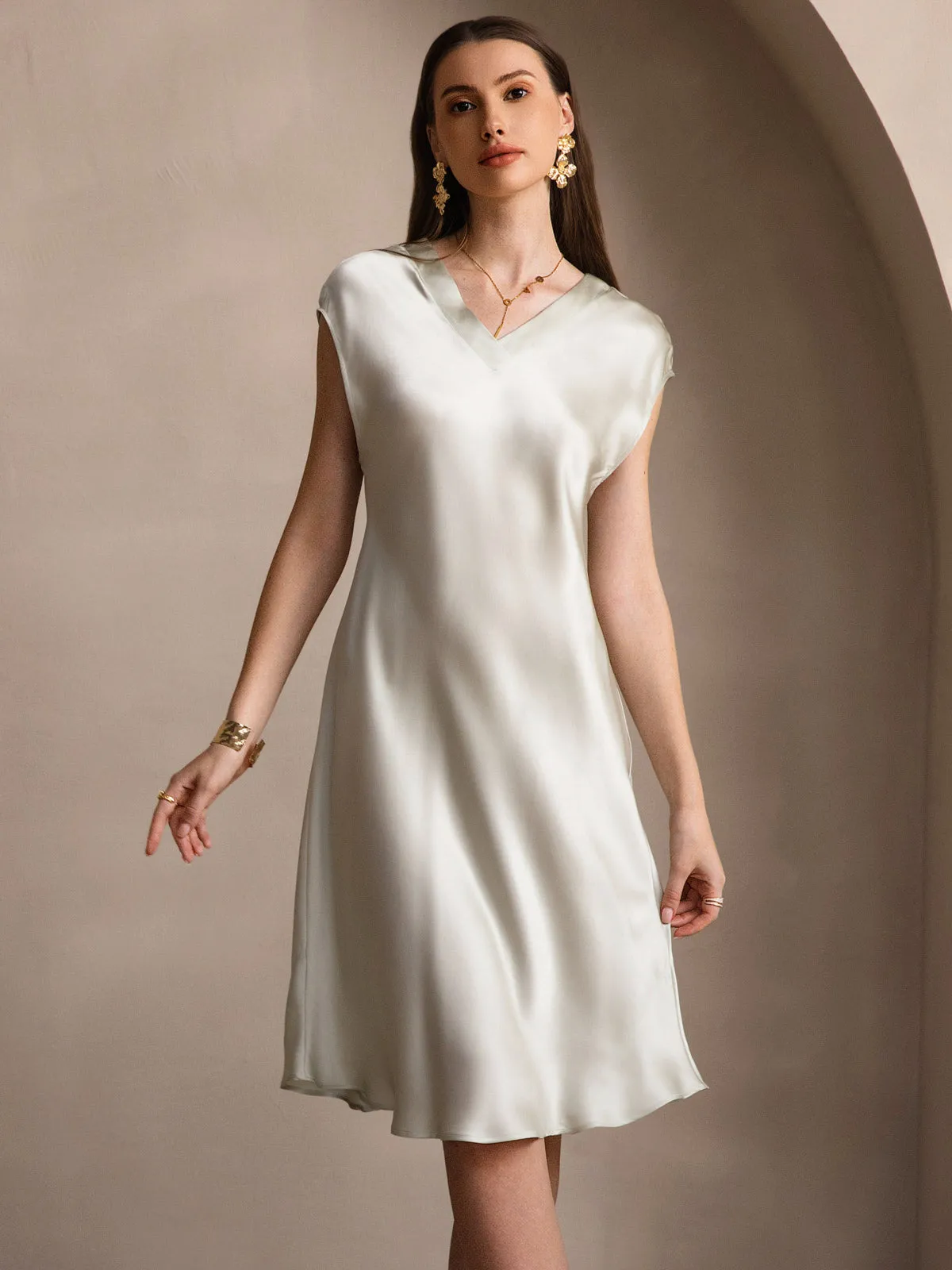 Pure Silk Elegant Short Sleeves Nightgown