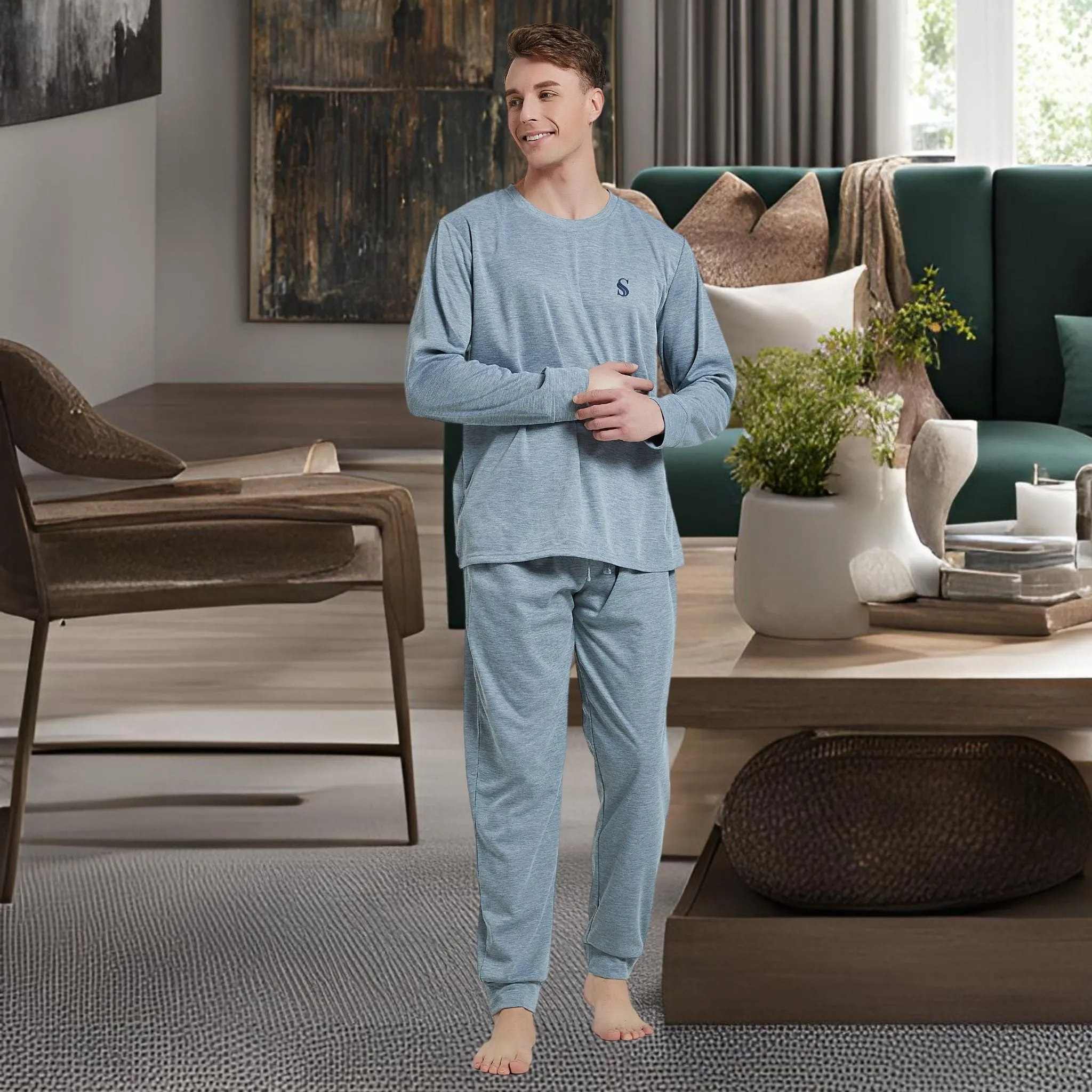 Pyjama Sets with Gray Cuffed Sleeves and Matching Bottoms