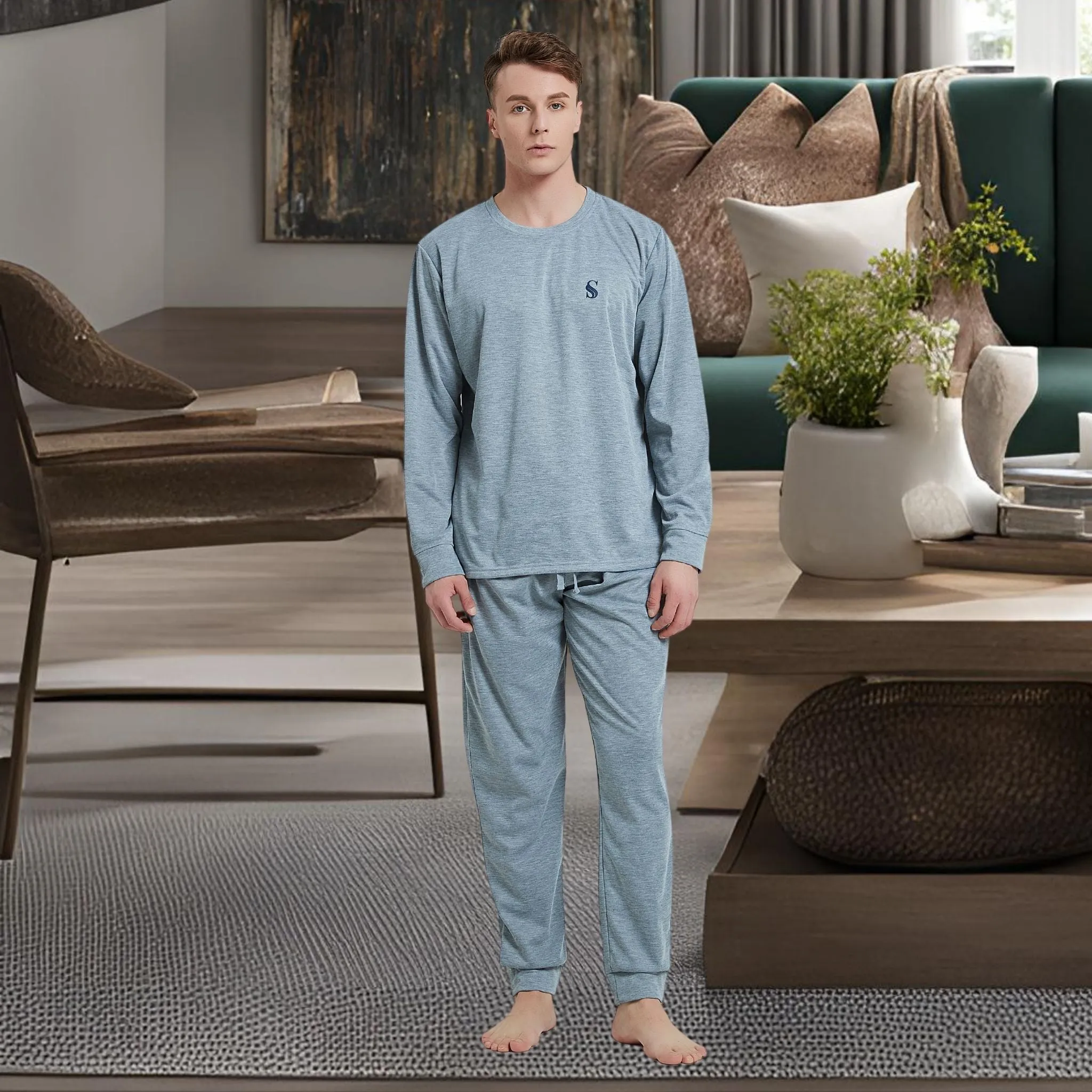 Pyjama Sets with Gray Cuffed Sleeves and Matching Bottoms