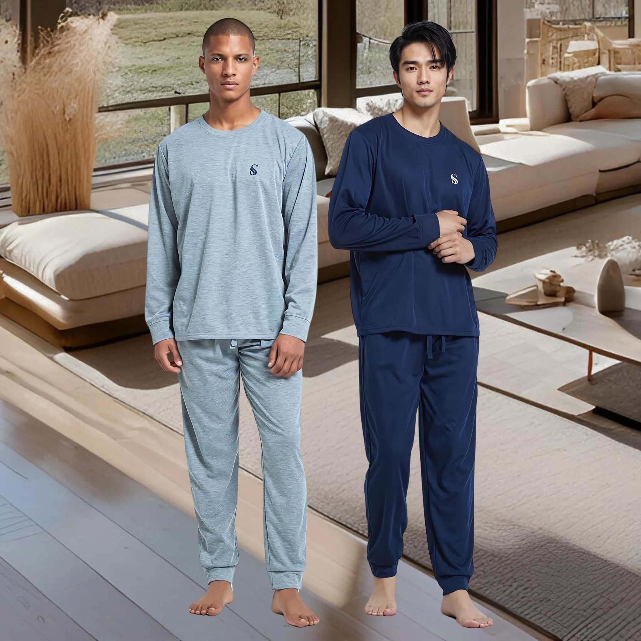 Pyjama Sets with Gray Cuffed Sleeves and Matching Bottoms