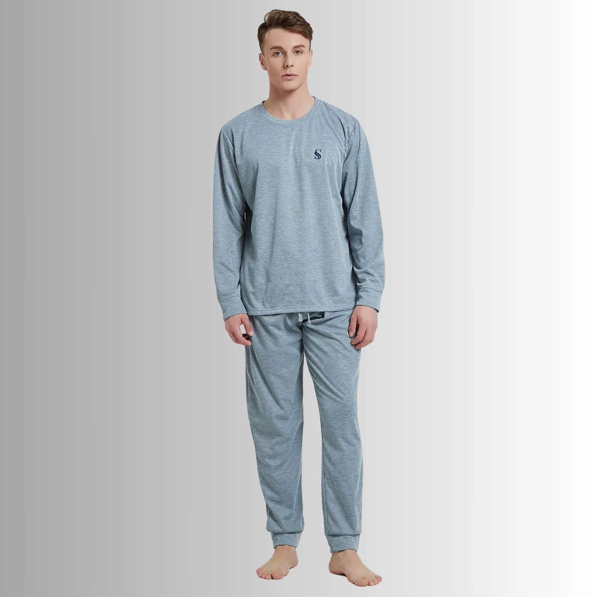 Pyjama Sets with Gray Cuffed Sleeves and Matching Bottoms