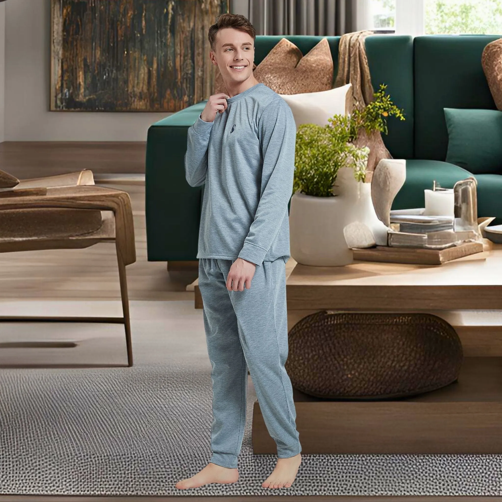 Pyjama Sets with Gray Cuffed Sleeves and Matching Bottoms